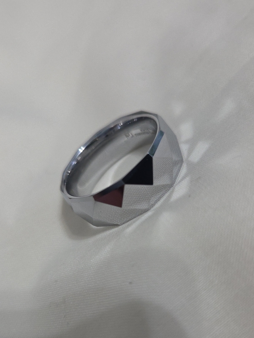White Tungsten Carbide Multi Faceted Silver Ring Size 10